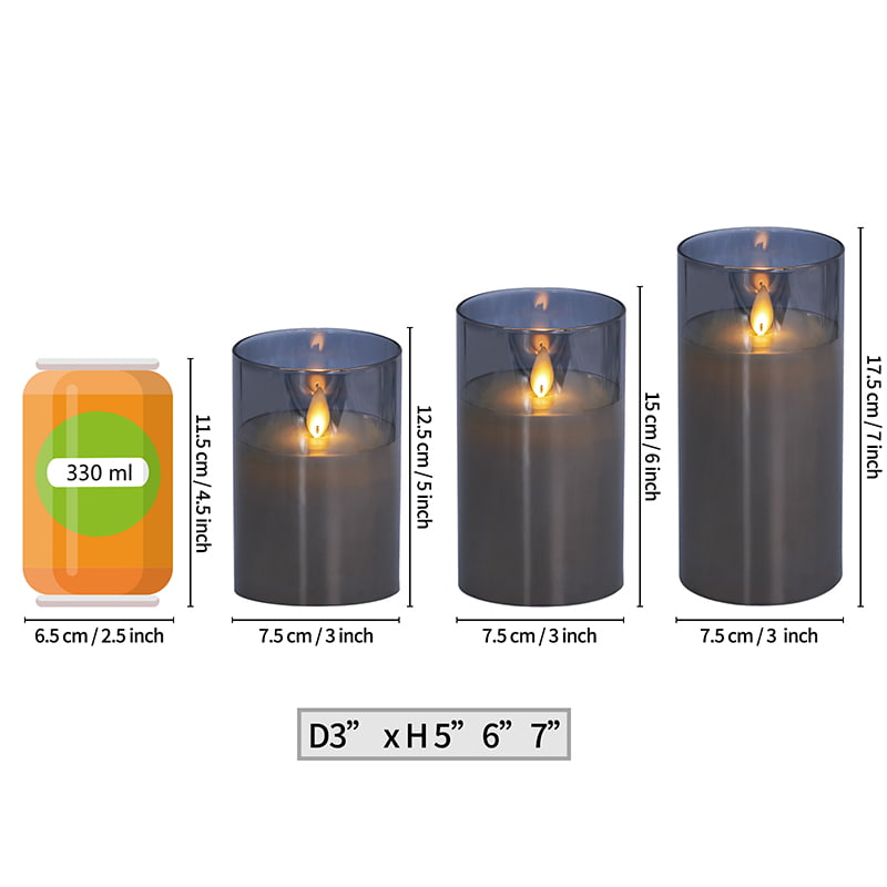 3er-Pack graue flammenlose Glaskerzen mit Fernbedienung