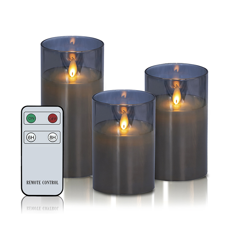 3er-Pack graue flammenlose Glaskerzen mit Fernbedienung