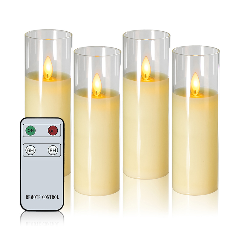 Set mit 4 schlanken batteriebetriebenen Glaskerzen in Elfenbeinfarbe