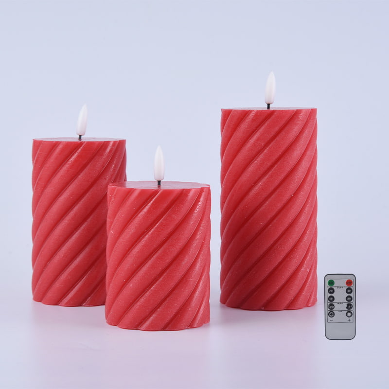 3er-Pack rote, spiralförmige, flammenlose Stumpenkerzen